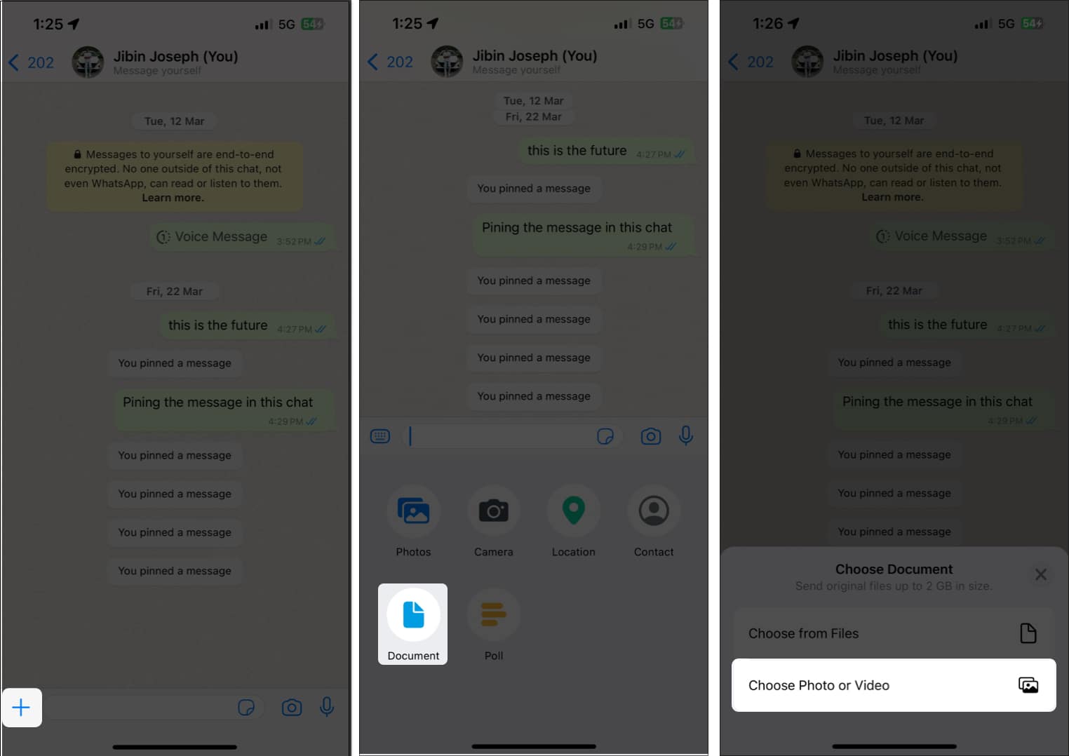 Tap the Plus icon Choose Document and Tap Choose Photo or Video