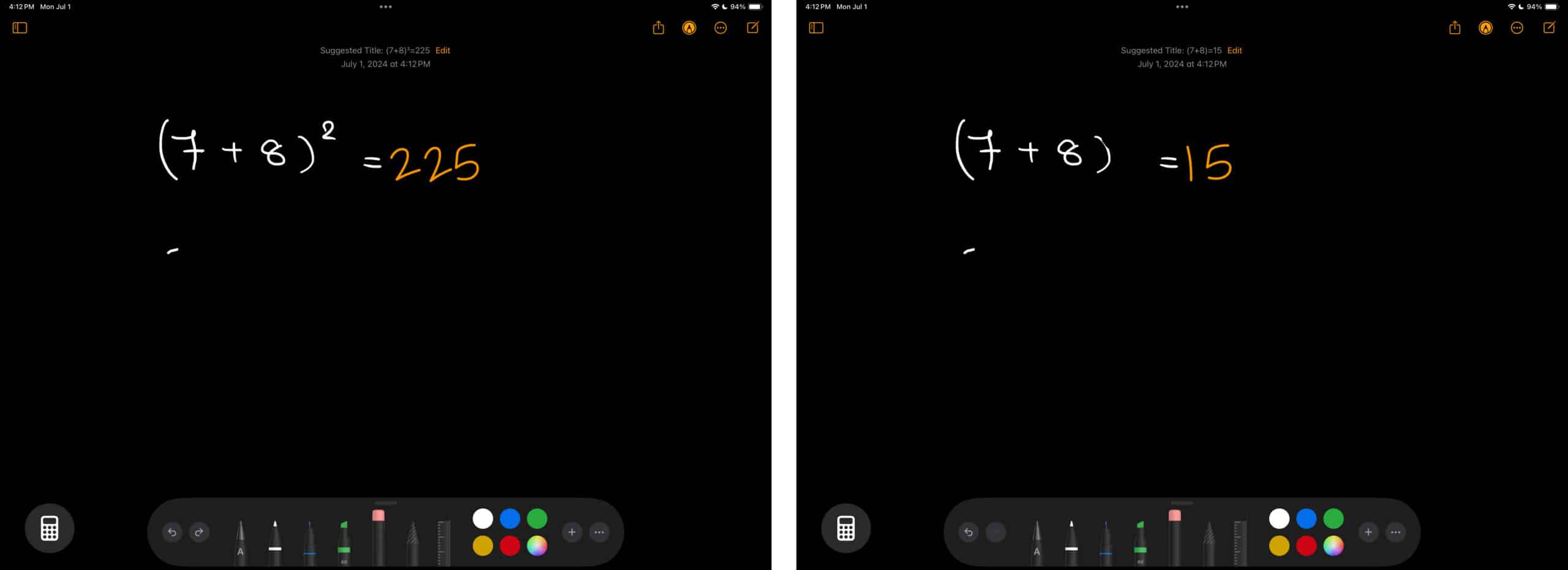 Math Notes feature returning answers to match problems