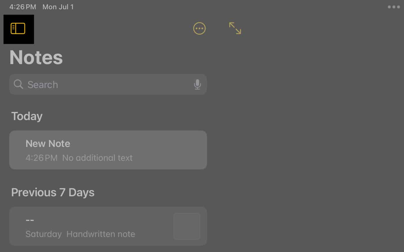 Sidebar icon in Notes app on iPad Notes app