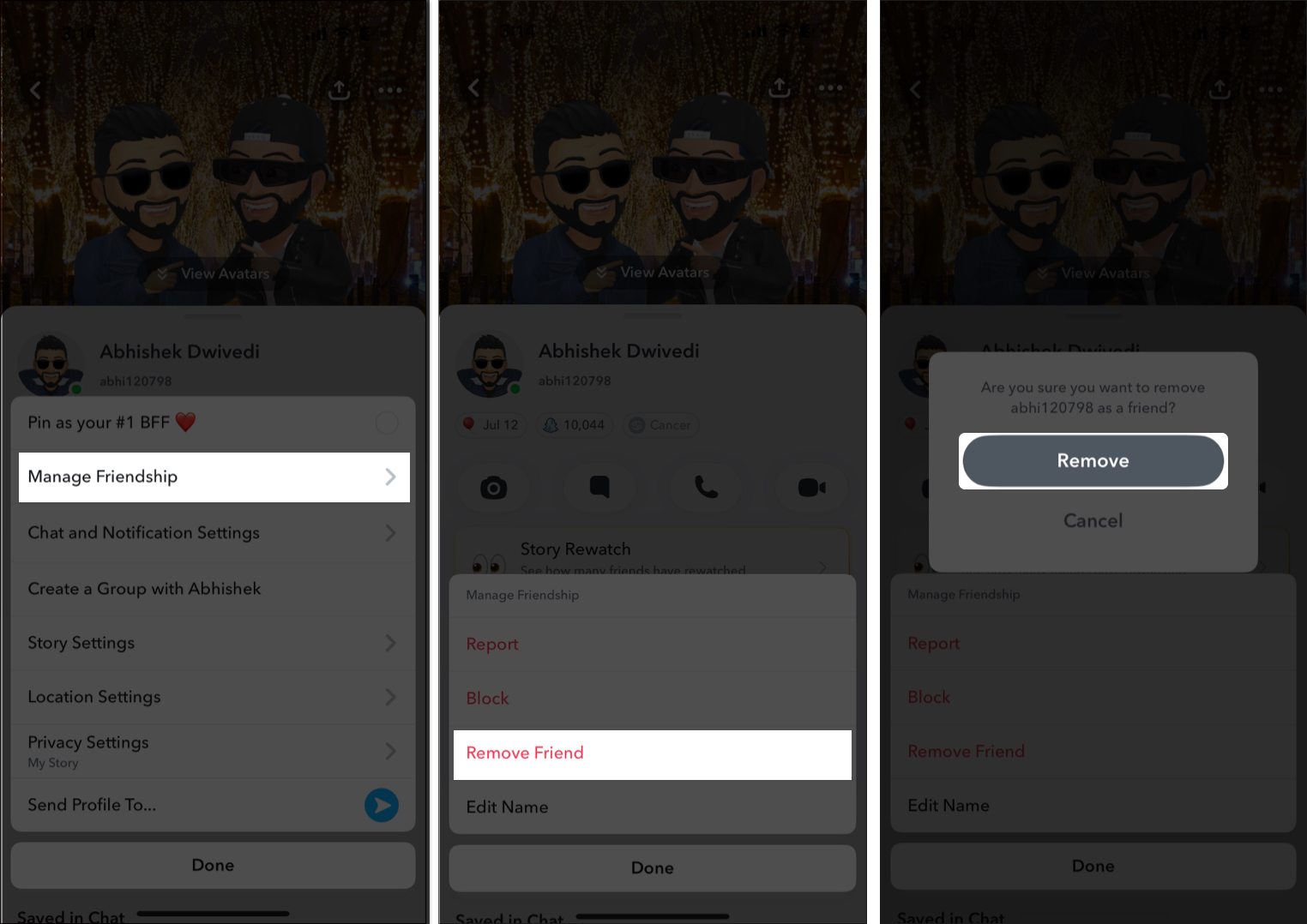 Unfriending a friend from their profile in the Snapchat iOS app on an iPhone