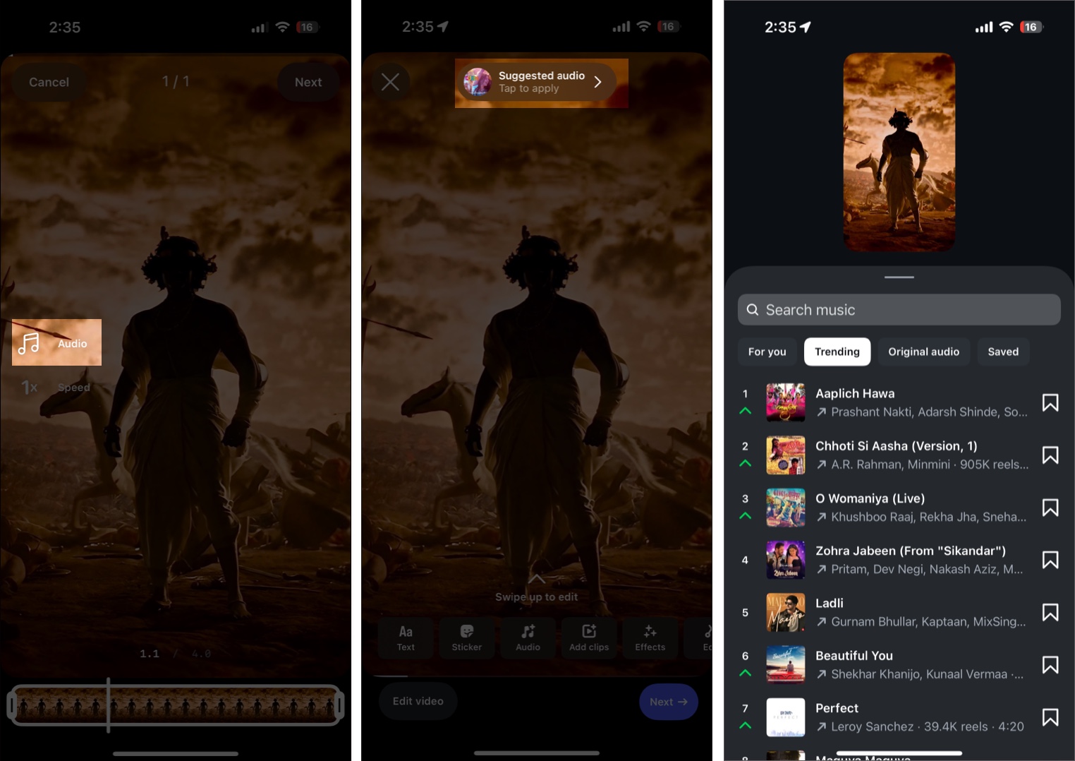 Finding trending audio in Instagram audio library on an iPhone