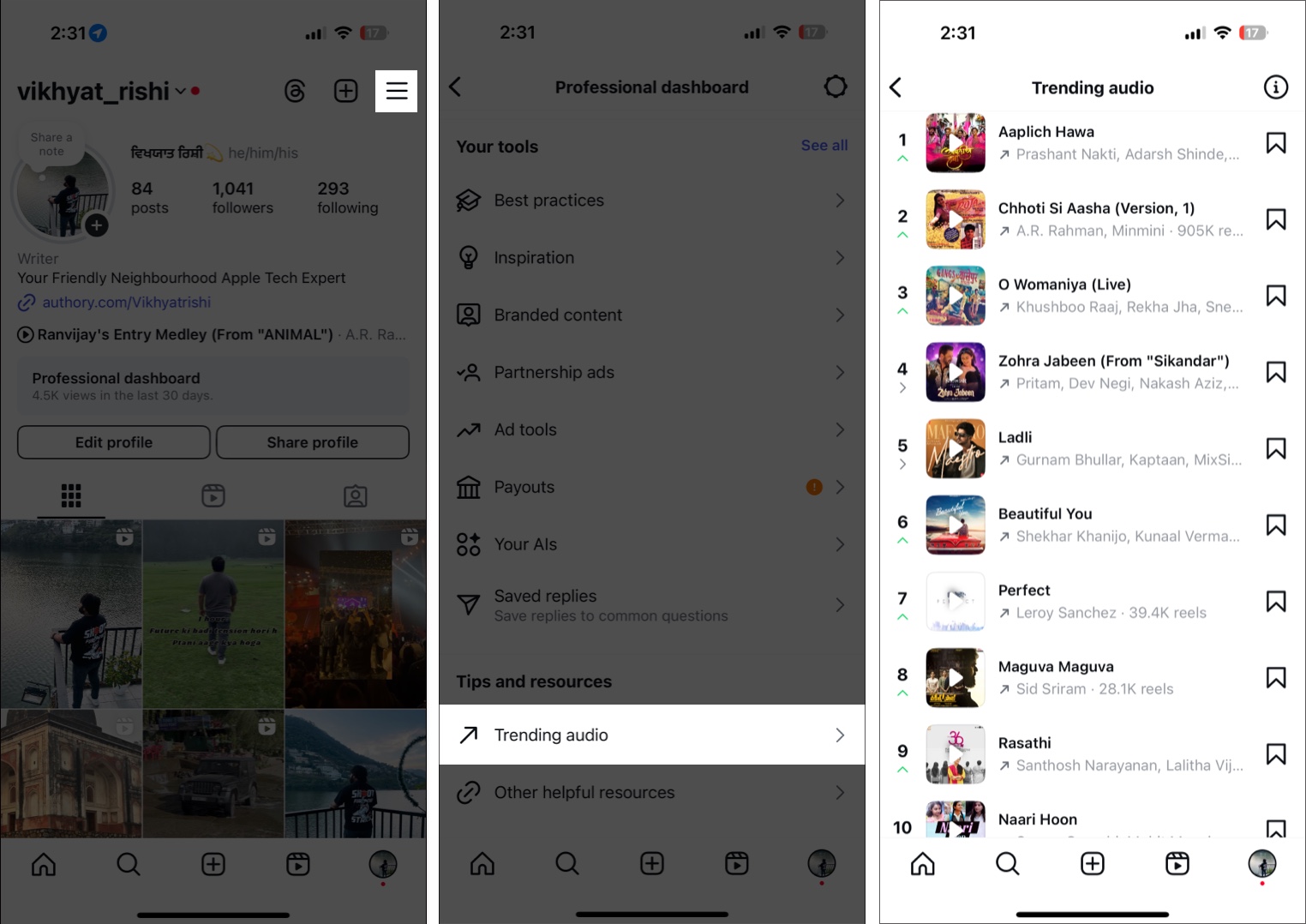Finding trending audio on Instagram via the professional dashboard