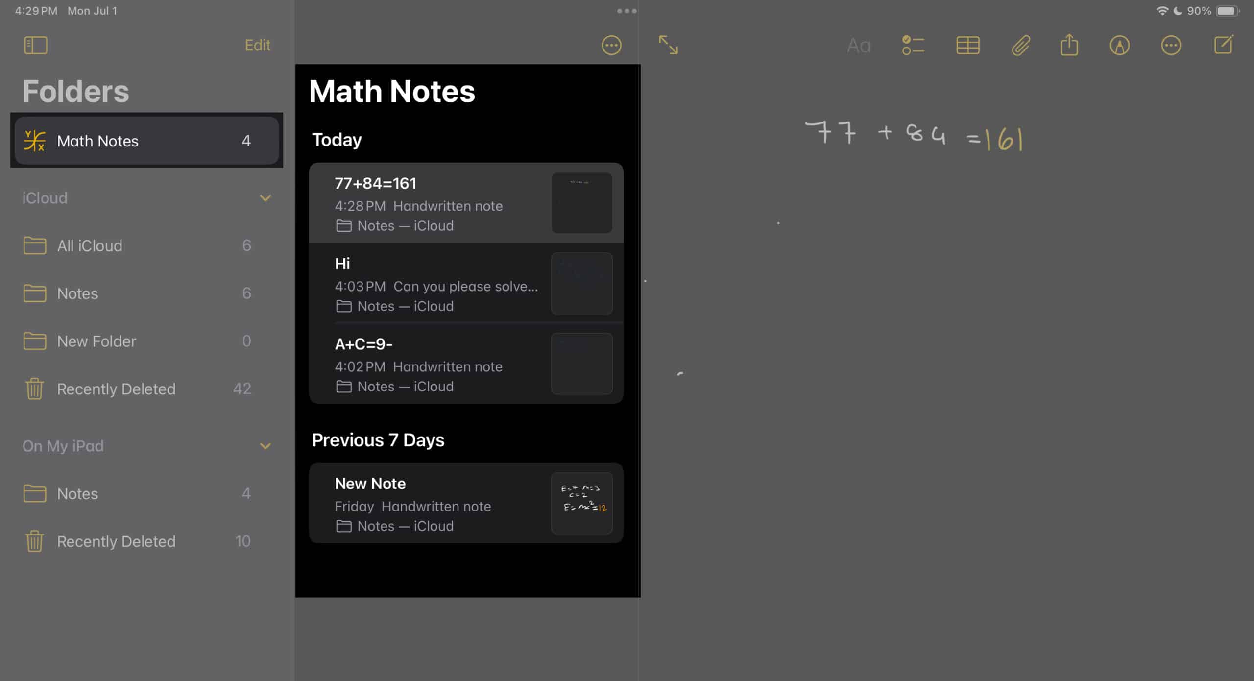 Math Notes folder in iPad Notes app