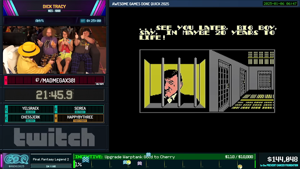 Screen grab of a speedrunning Twitch stream. A Dick Tracy game, overlaid with a live view of the speedrunners — including one dressed like Dick Tracy.