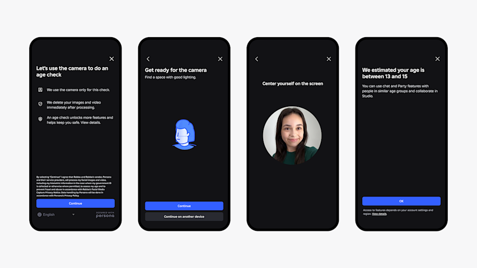 Four phone screens, showing the selfie age verification feature on Roblox